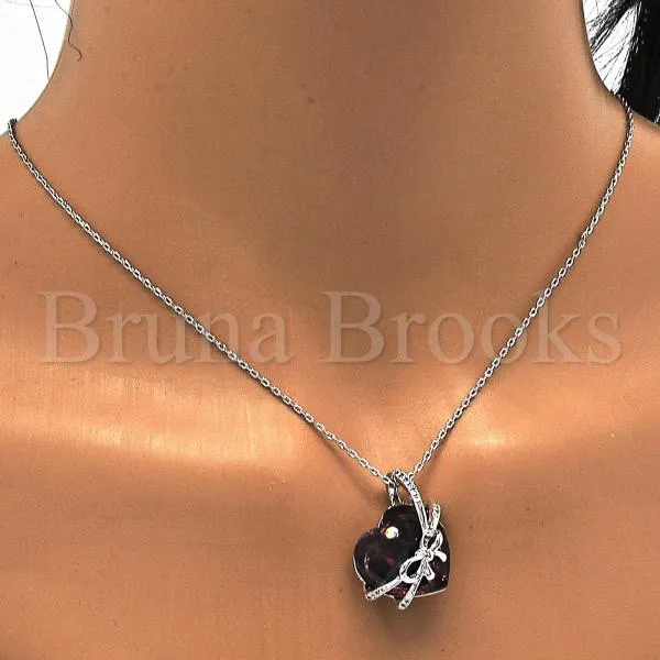 Rhodium Plated Fancy Necklace, Heart Design, with Swarovski Crystals and Micro Pave, Rhodium Tone