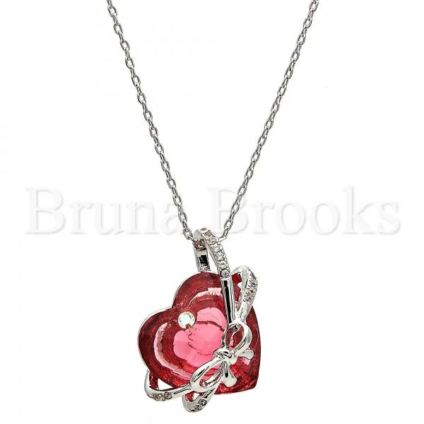 Rhodium Plated Fancy Necklace, Heart Design, with Swarovski Crystals and Micro Pave, Rhodium Tone