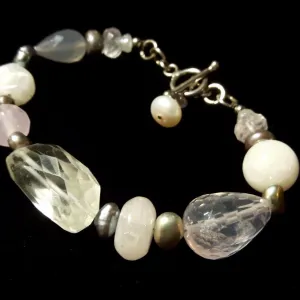 Rose Quartz, Pearl, Rainbow Moonstone, Chalcedony Silver Bracelet