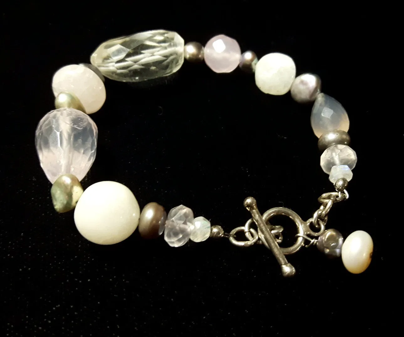 Rose Quartz, Pearl, Rainbow Moonstone, Chalcedony Silver Bracelet