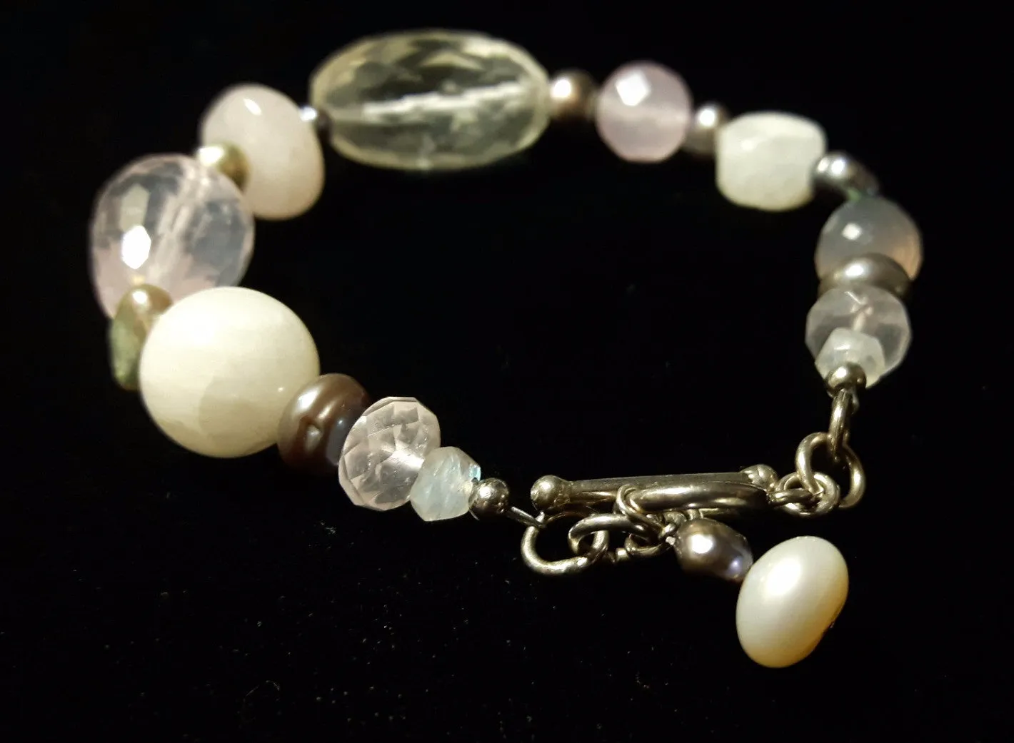 Rose Quartz, Pearl, Rainbow Moonstone, Chalcedony Silver Bracelet