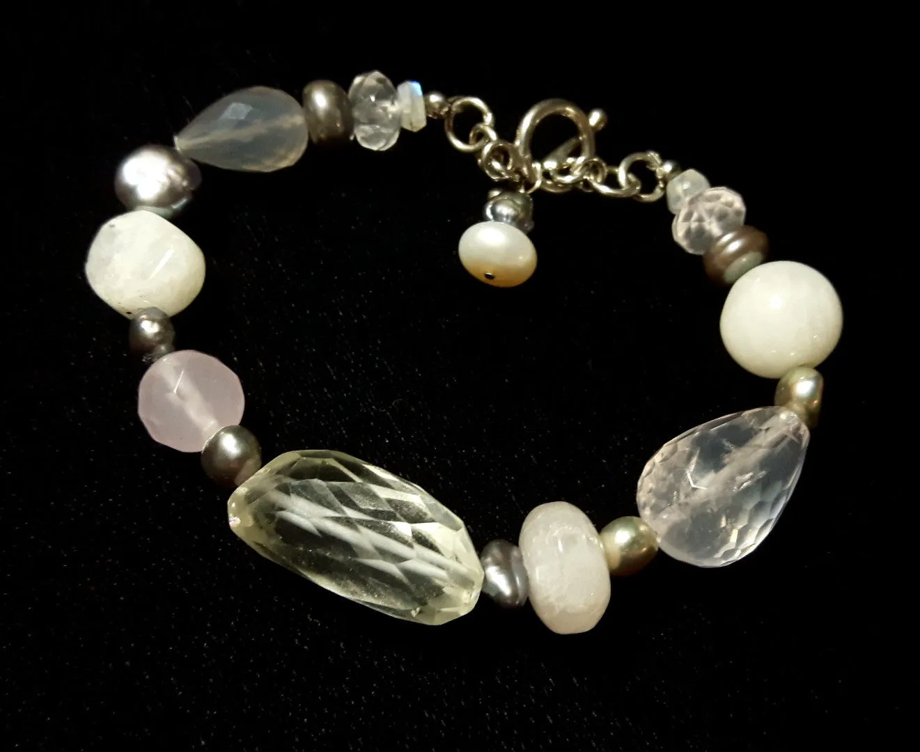 Rose Quartz, Pearl, Rainbow Moonstone, Chalcedony Silver Bracelet