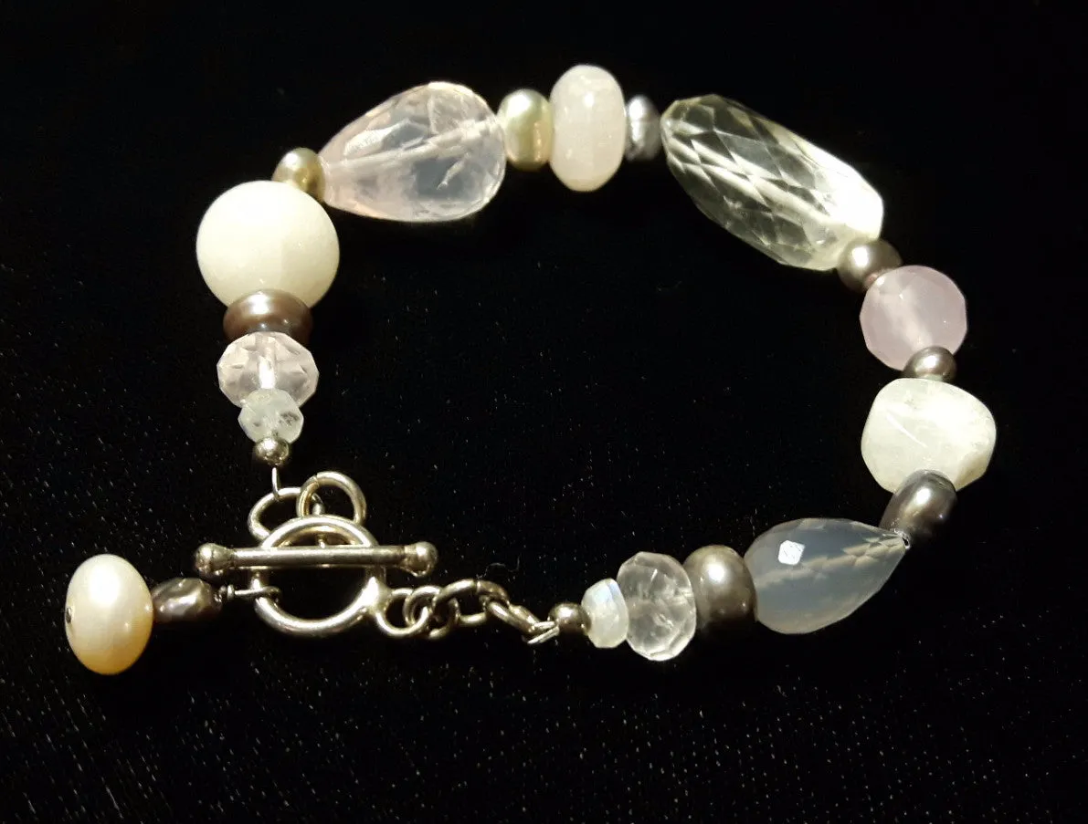 Rose Quartz, Pearl, Rainbow Moonstone, Chalcedony Silver Bracelet