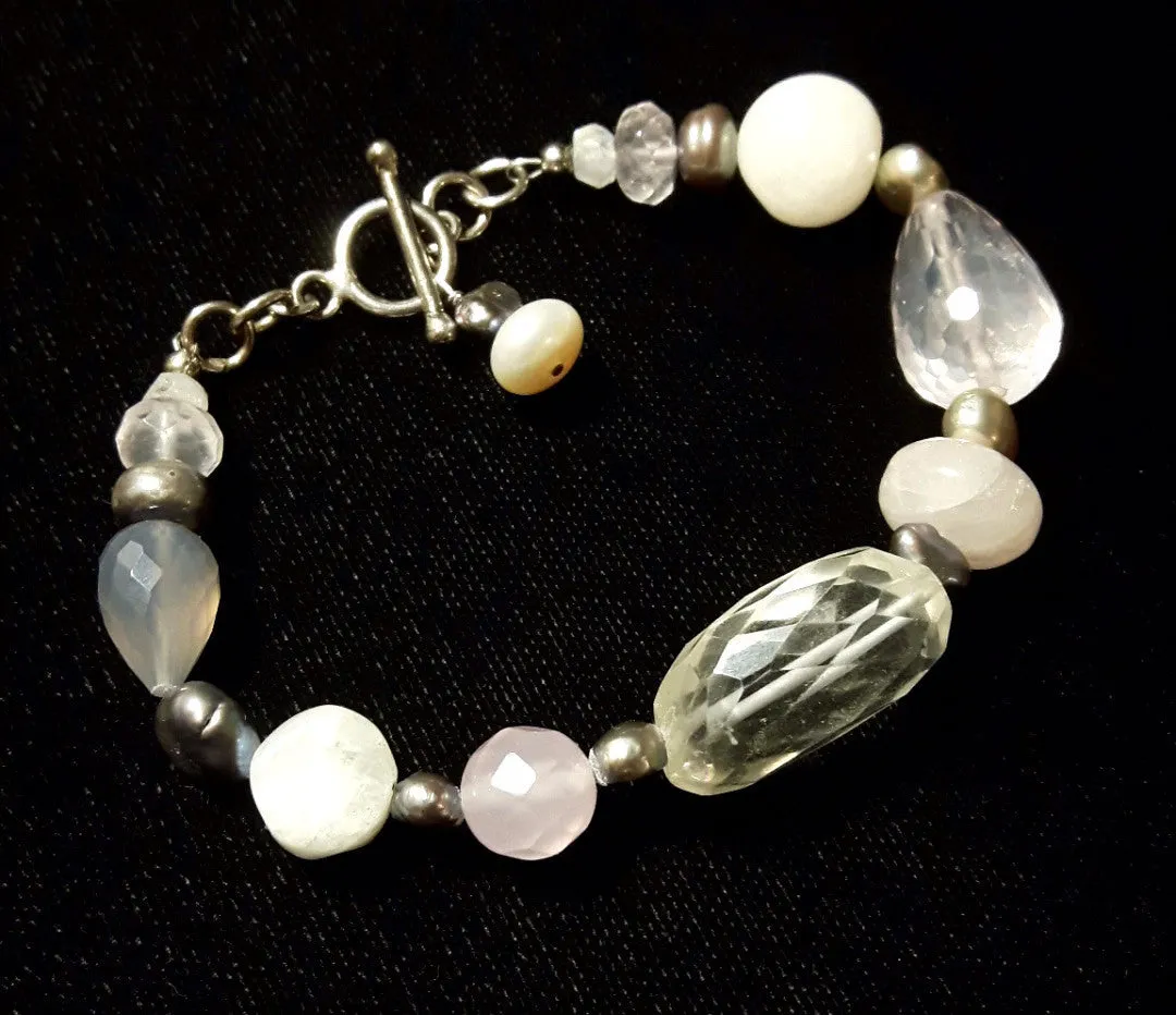 Rose Quartz, Pearl, Rainbow Moonstone, Chalcedony Silver Bracelet