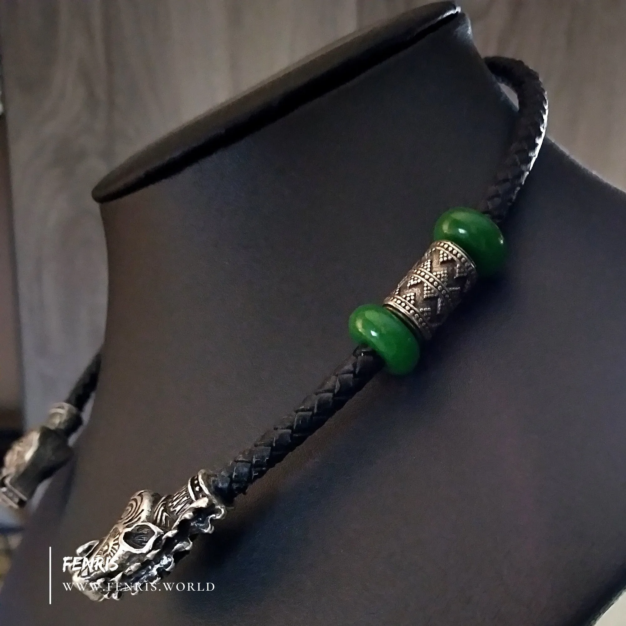 Silver Stag Torc With Jade Black Leather | Fenris