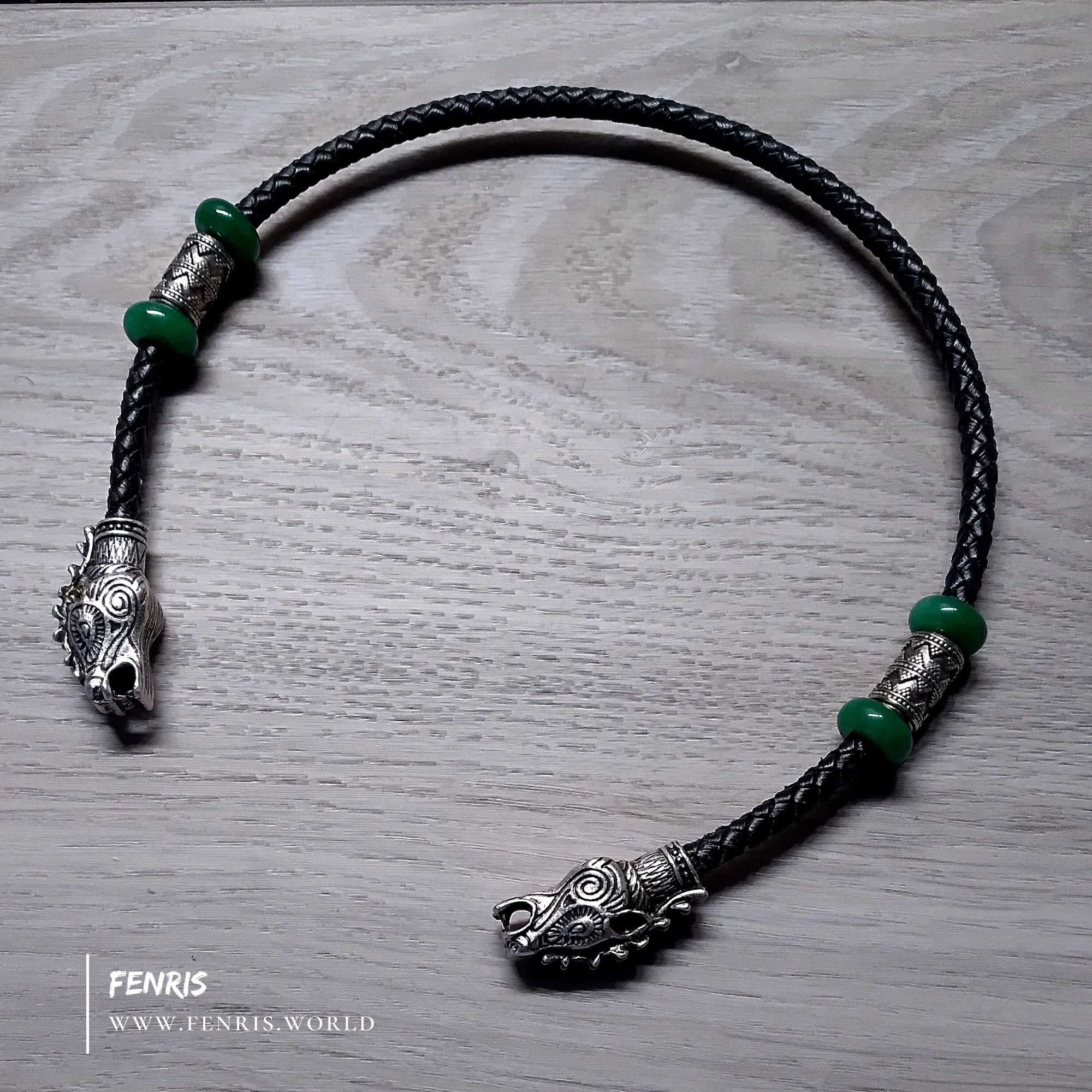 Silver Stag Torc With Jade Black Leather | Fenris