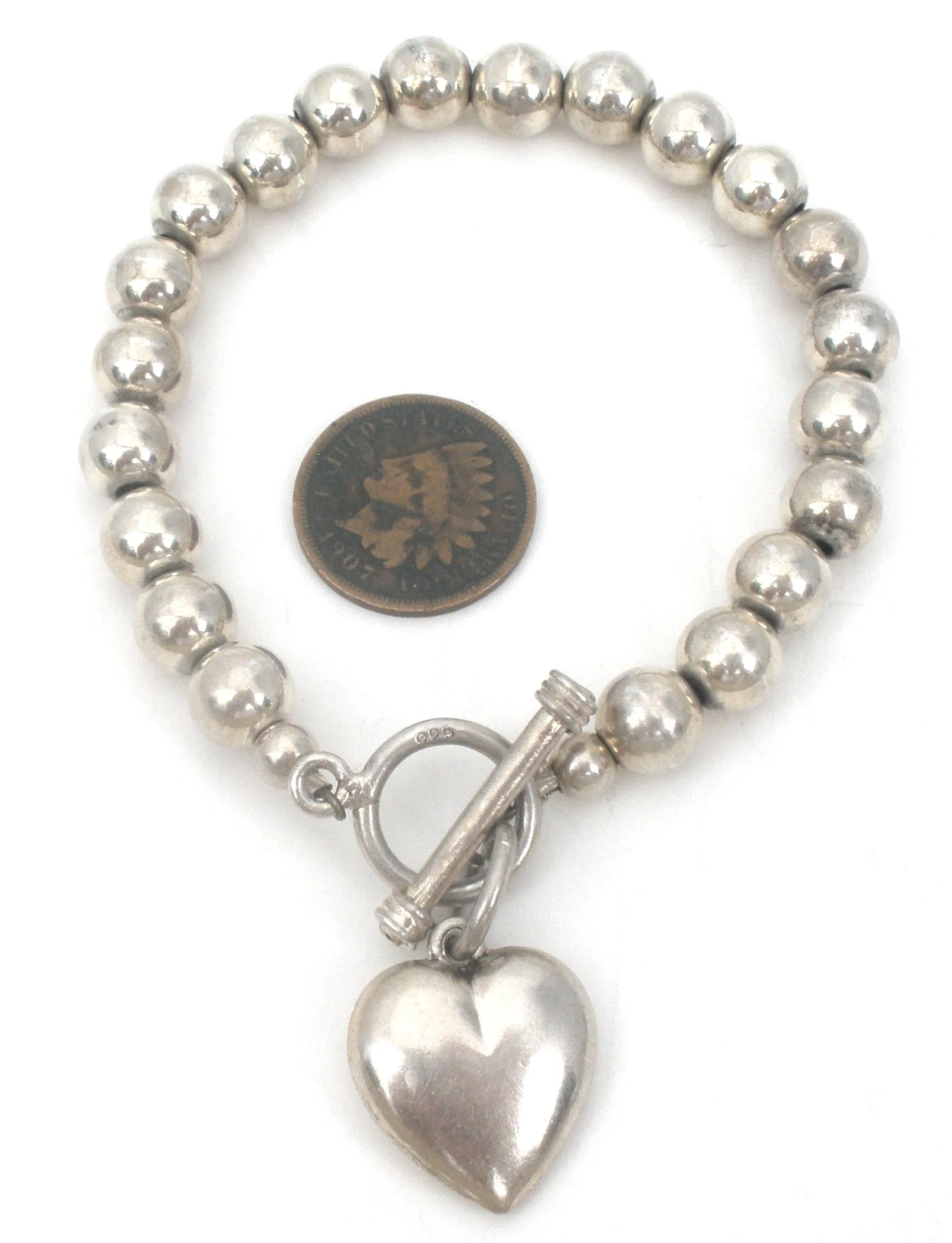 Sterling Silver Pearl Bead Bracelet With Heart Charm