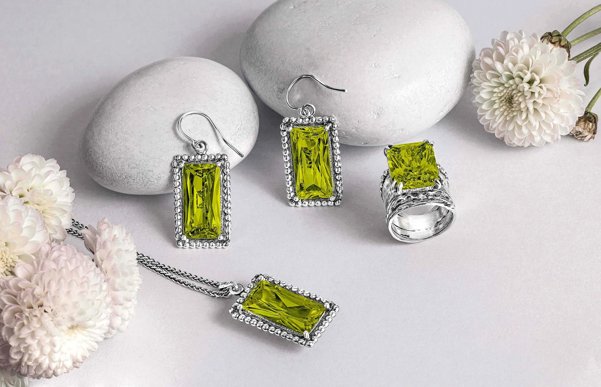 Sterling Silver Peridot CZ Baguette Necklace
