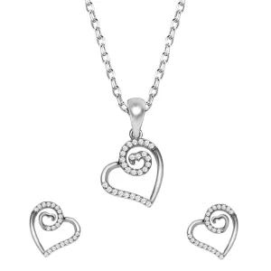 Sterling Silver Zircon Curl Heart Set Link Chain Earrings & Pendant