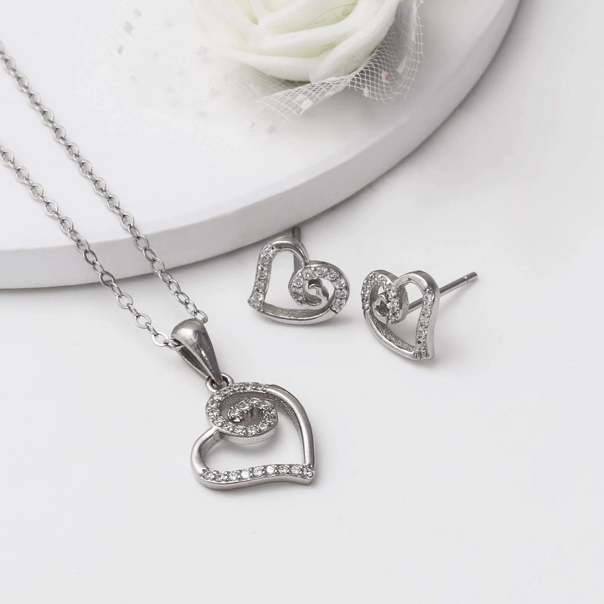 Sterling Silver Zircon Curl Heart Set Link Chain Earrings & Pendant