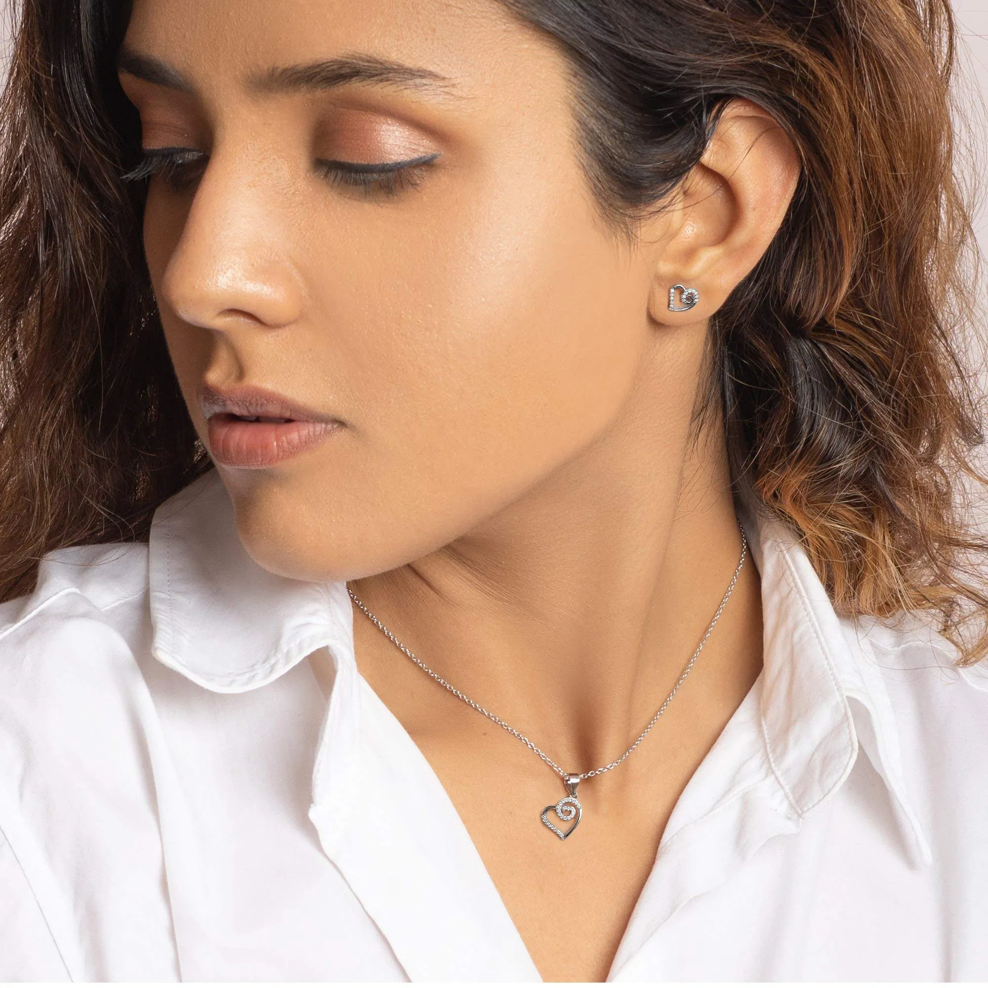 Sterling Silver Zircon Curl Heart Set Link Chain Earrings & Pendant
