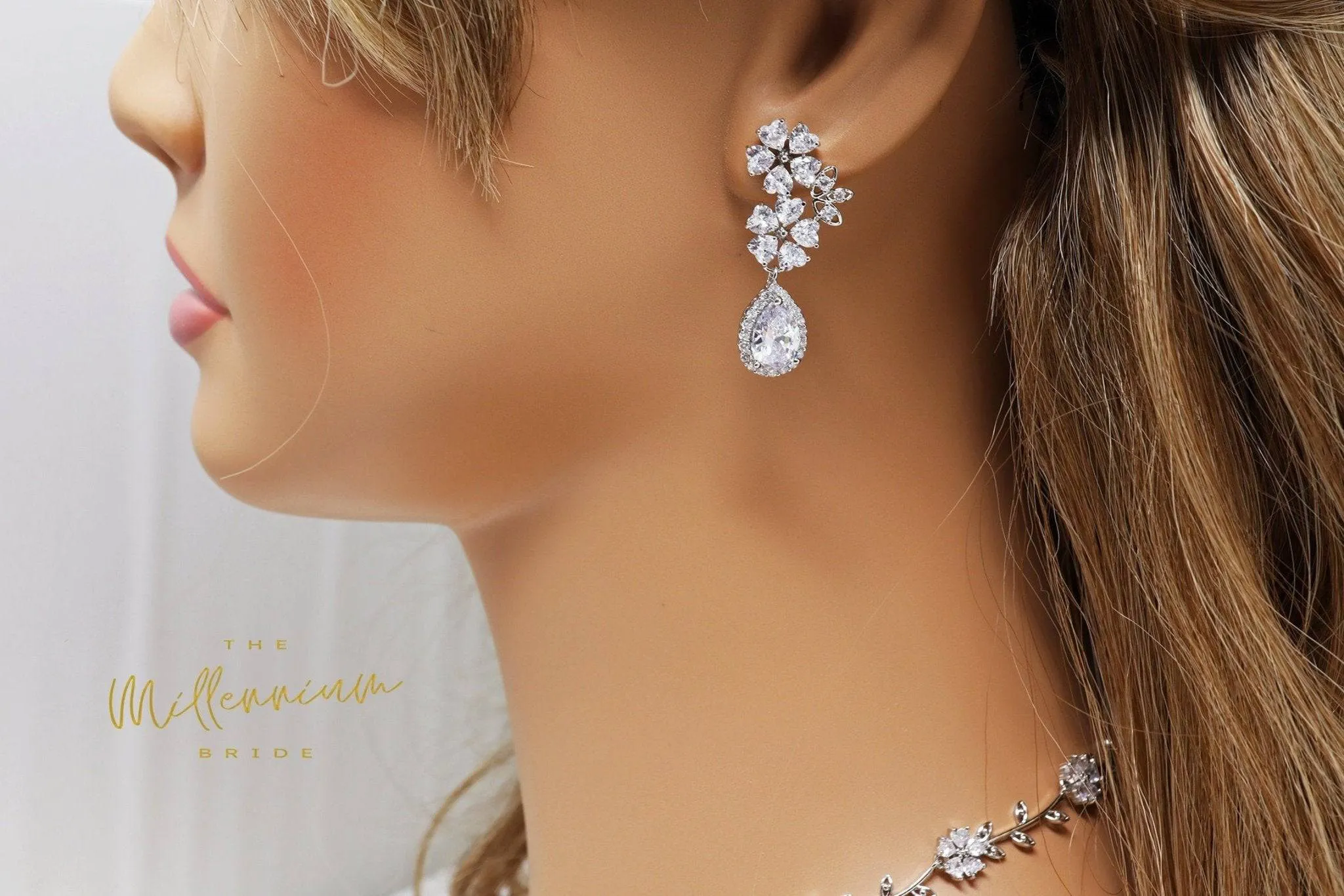 Swarovski Crystal Heart Floral Vine Leaves Necklace, Long Bridal Jewelry, Bridal Earrings And Necklace, Statement Earrings Cz Necklace Set