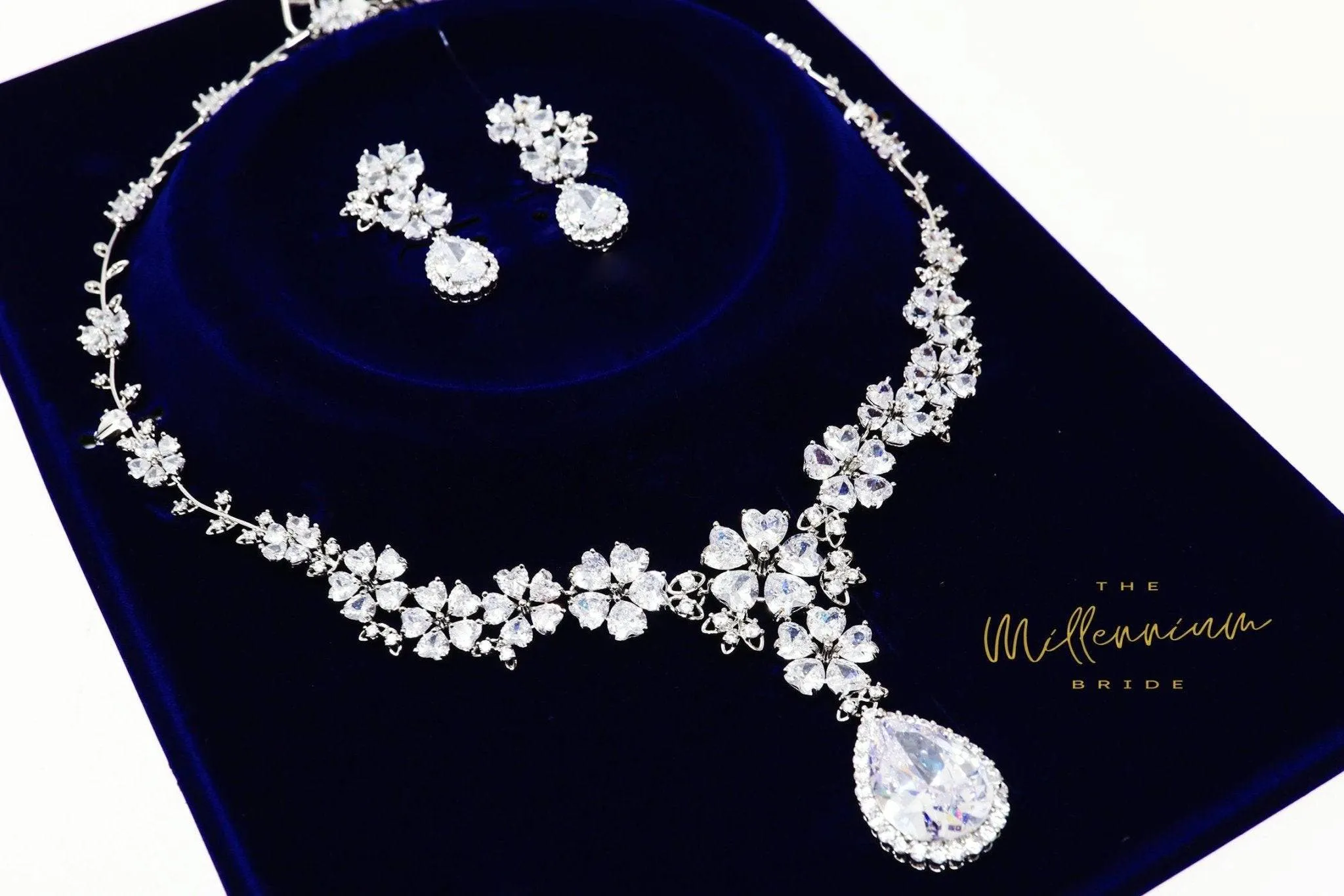 Swarovski Crystal Heart Floral Vine Leaves Necklace, Long Bridal Jewelry, Bridal Earrings And Necklace, Statement Earrings Cz Necklace Set