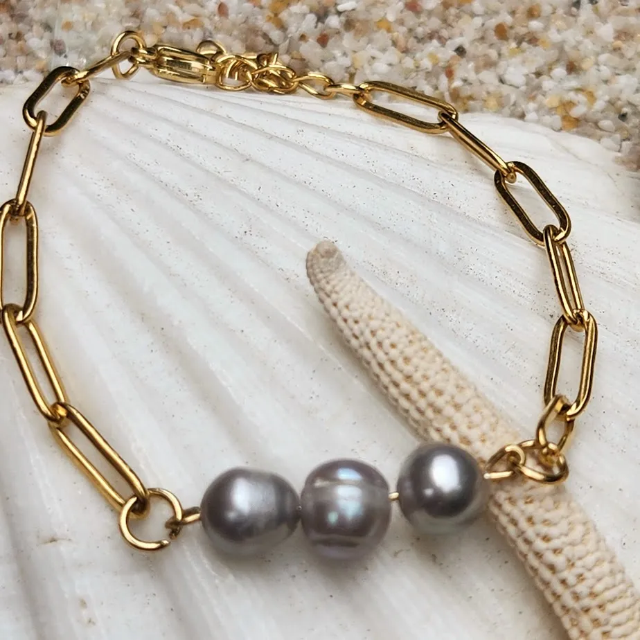 TAHITIAN GREY PEARL WATERPROOF 18K PAPERCLIP BRACELET