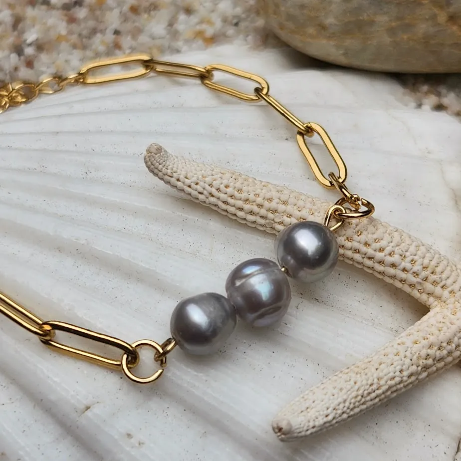 TAHITIAN GREY PEARL WATERPROOF 18K PAPERCLIP BRACELET