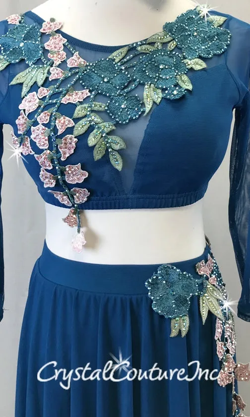 Teal Mesh 2-Piece Long Sleeve Crop Top and High-Low Skirt w/Teal and Pink Floral Appliques - Swarovski Rhinestones