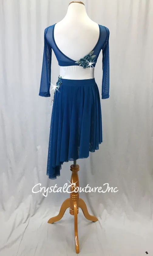 Teal Mesh 2-Piece Long Sleeve Crop Top and High-Low Skirt w/Teal and Pink Floral Appliques - Swarovski Rhinestones