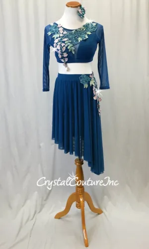 Teal Mesh 2-Piece Long Sleeve Crop Top and High-Low Skirt w/Teal and Pink Floral Appliques - Swarovski Rhinestones