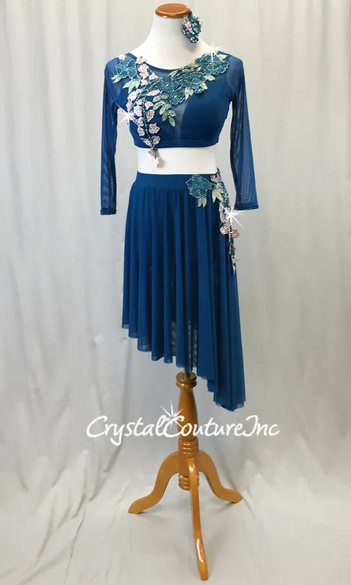 Teal Mesh 2-Piece Long Sleeve Crop Top and High-Low Skirt w/Teal and Pink Floral Appliques - Swarovski Rhinestones