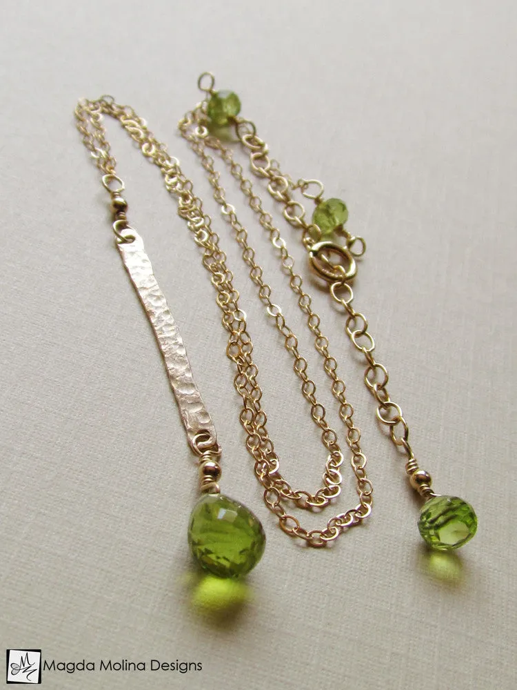 The Hammered Gold Bar And Peridot Drop Chain Necklace