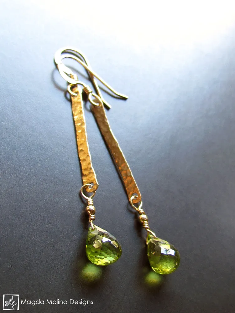 The Hammered Gold Bar And Peridot Drop Earrings