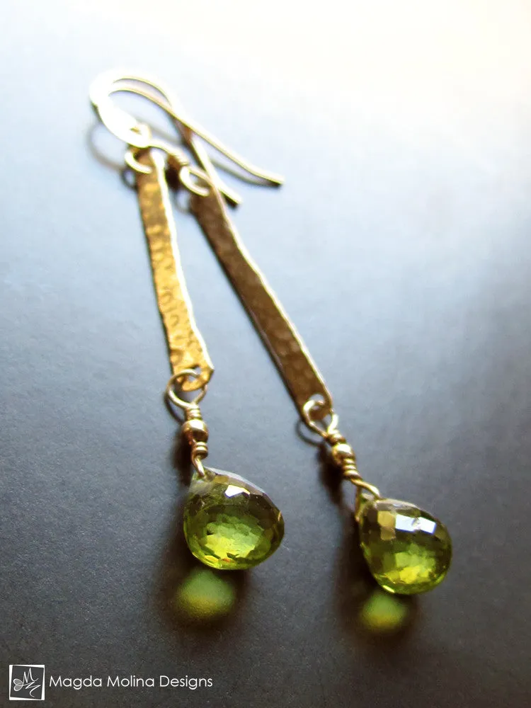The Hammered Gold Bar And Peridot Drop Earrings
