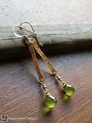 The Hammered Gold Bar And Peridot Drop Earrings