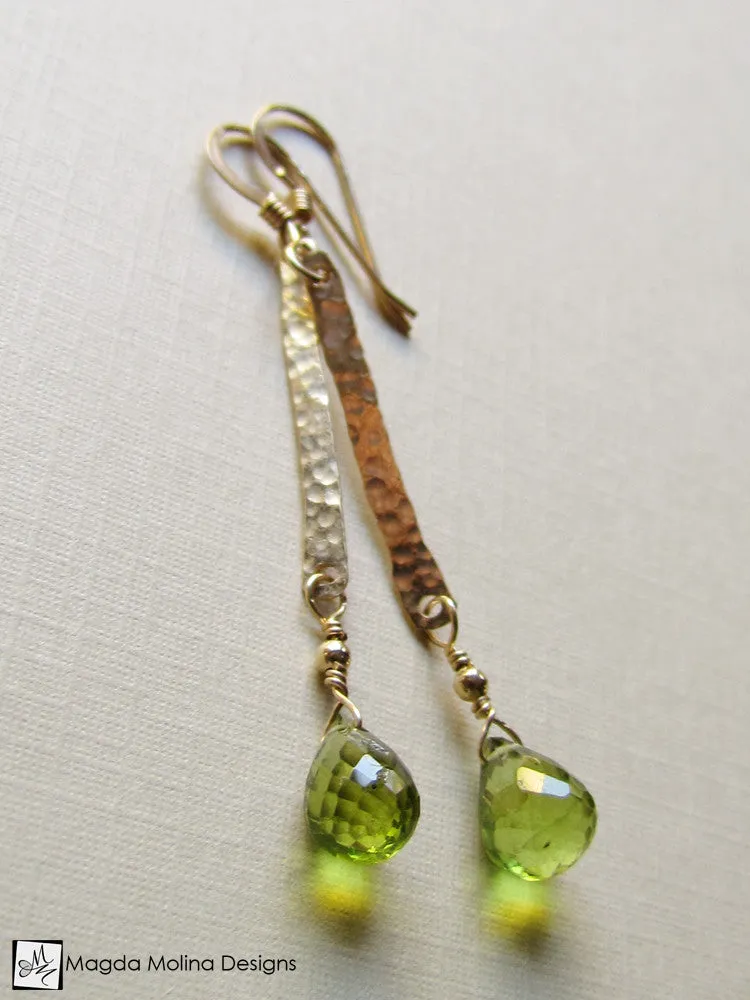 The Hammered Gold Bar And Peridot Drop Earrings