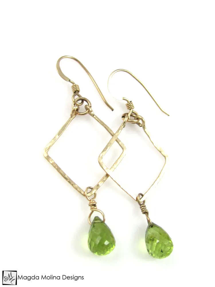 The Hammered Gold Diamonds Earrings With Fancy Peridot Drops