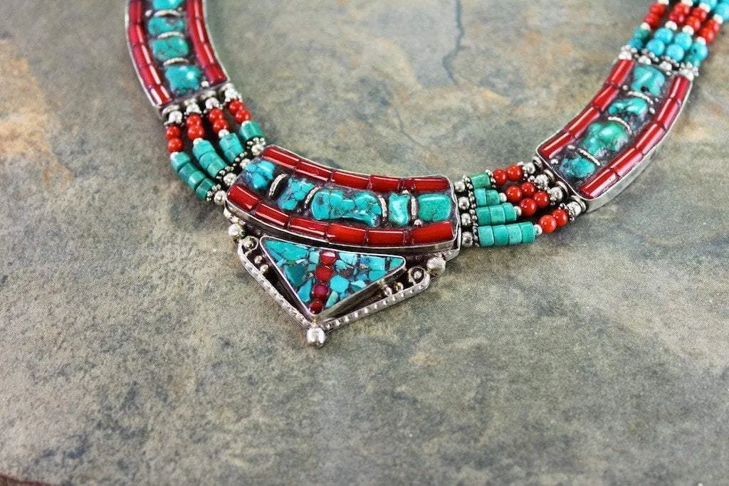 Traditional Beaded Tibetan Coral and Turquoise
