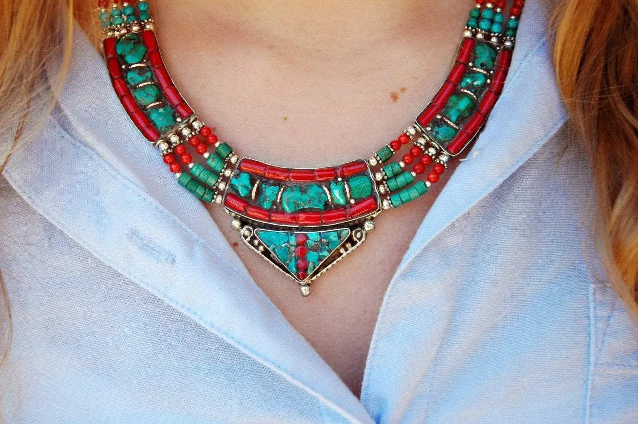 Traditional Beaded Tibetan Coral and Turquoise