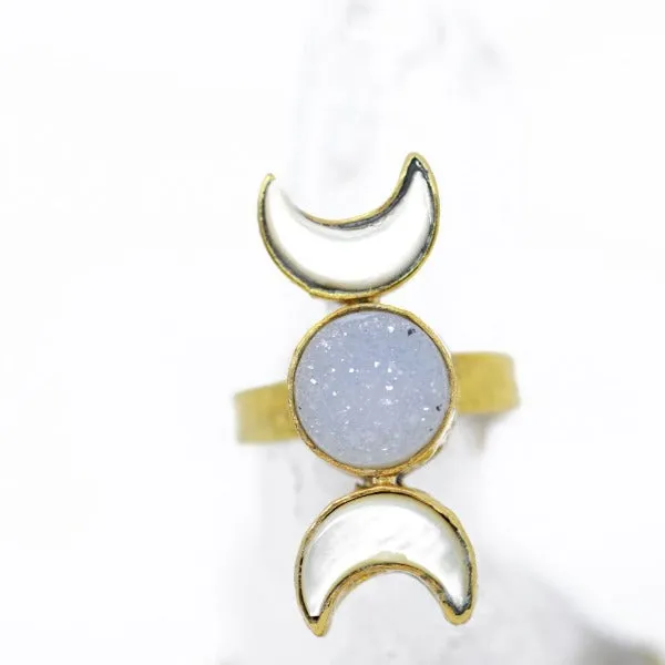 Unveil Your Inner Goddess: INDAH's GODDESS Ring - Handcrafted Healing & Empowerment (Druzy, Shell, Recycled Metal)