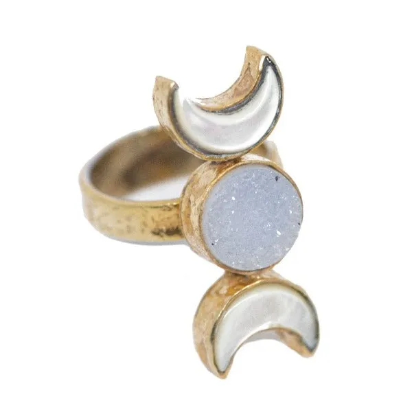 Unveil Your Inner Goddess: INDAH's GODDESS Ring - Handcrafted Healing & Empowerment (Druzy, Shell, Recycled Metal)