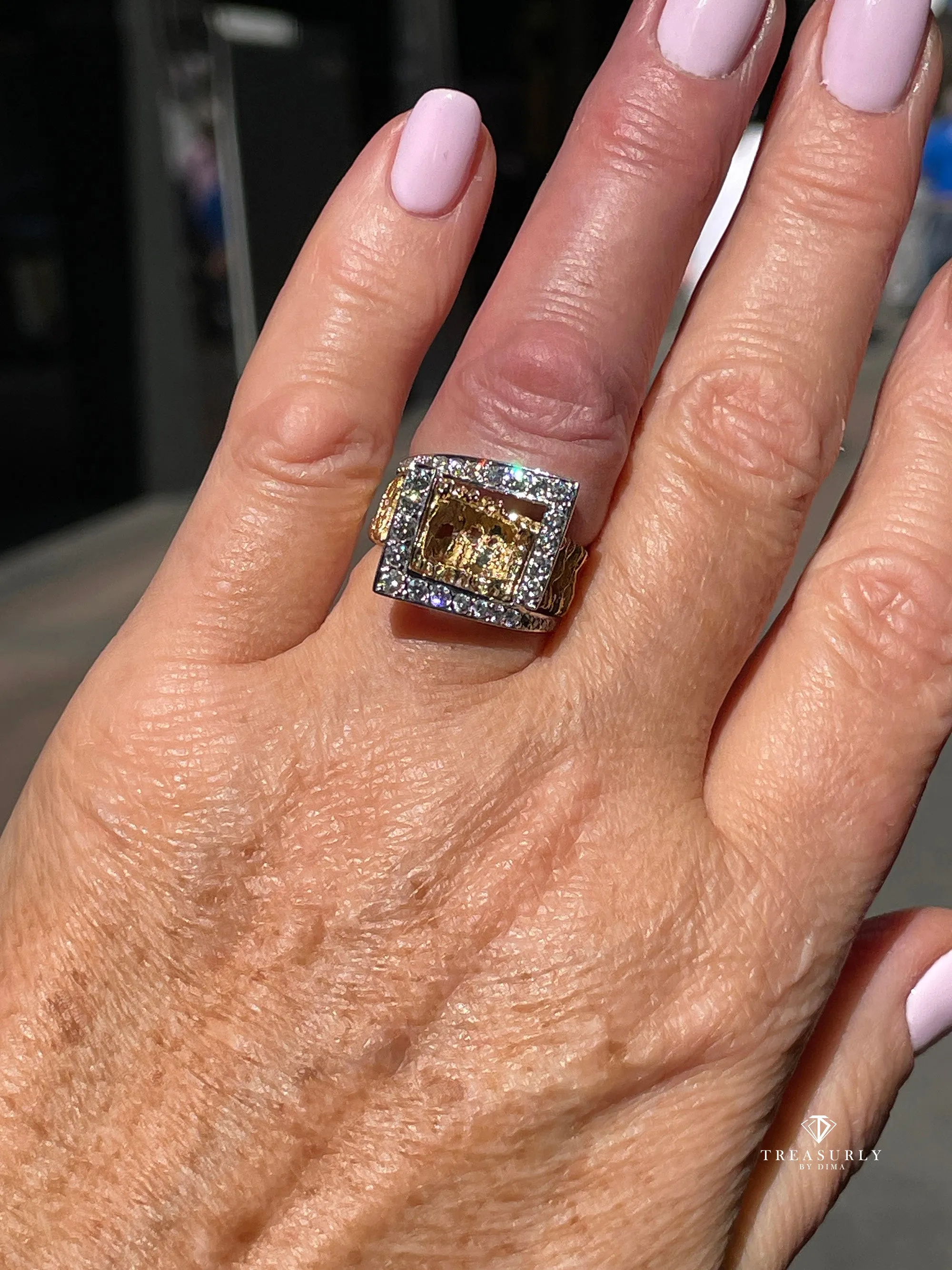 Vintage 18K Yellow Gold 0.80ct Diamond Nugget Free Form Ring; Diamond Dinner Ring; Diamond Sculptural Geometric Architectural Ring