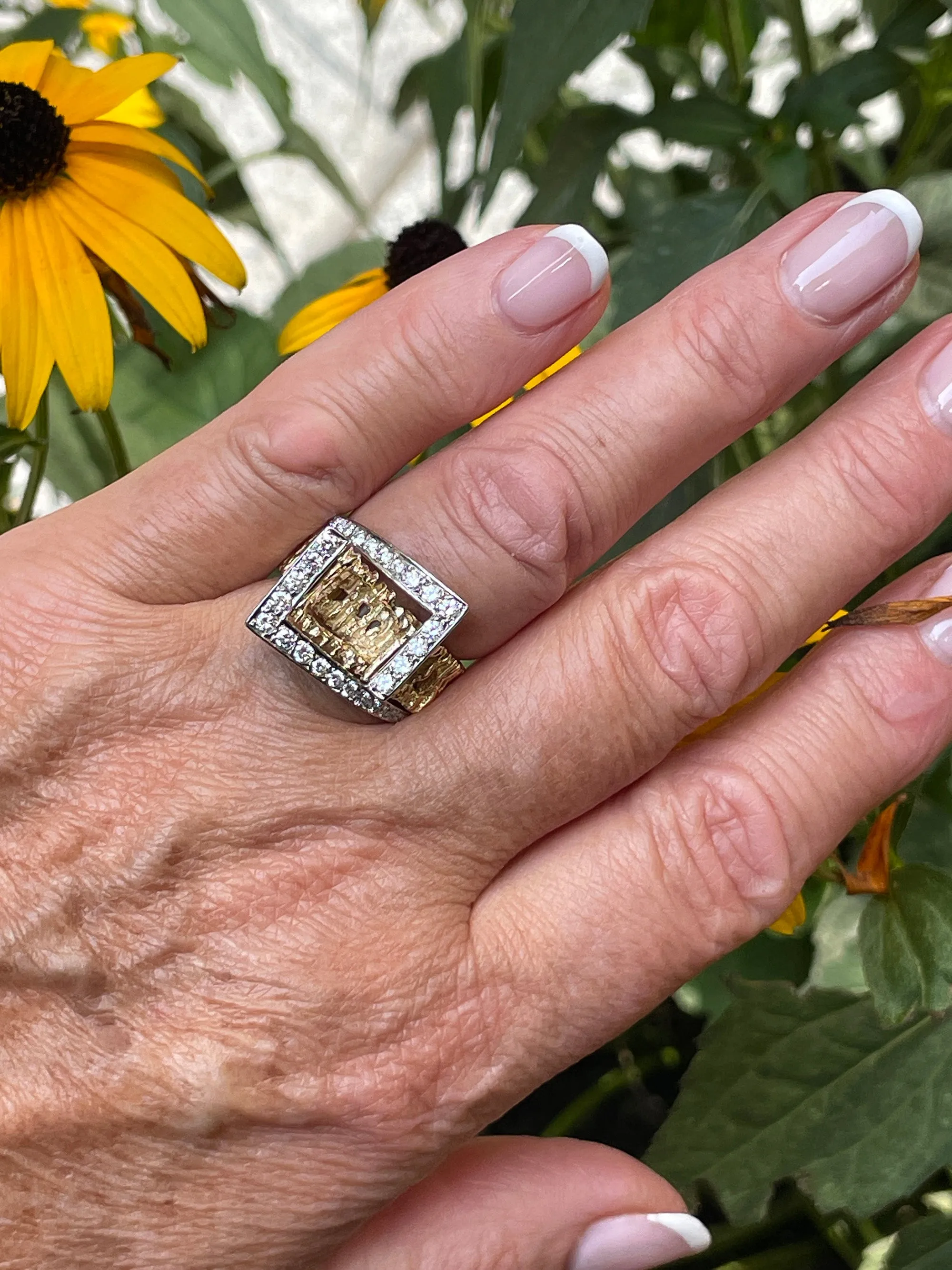 Vintage 18K Yellow Gold 0.80ct Diamond Nugget Free Form Ring; Diamond Dinner Ring; Diamond Sculptural Geometric Architectural Ring