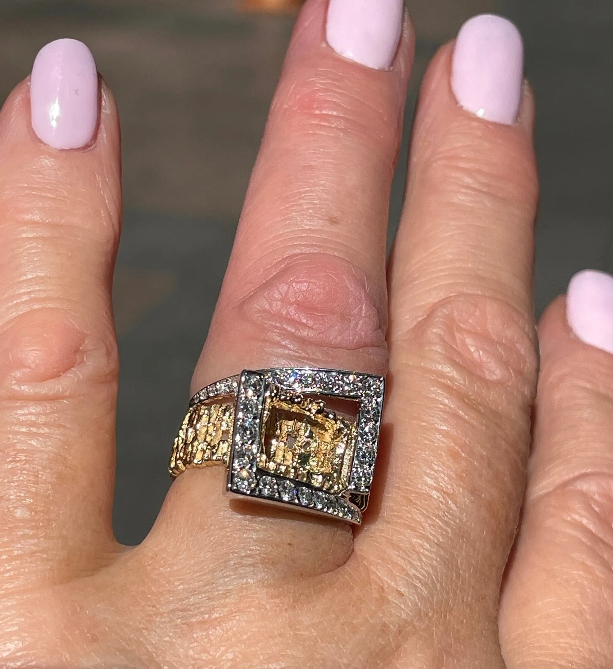 Vintage 18K Yellow Gold 0.80ct Diamond Nugget Free Form Ring; Diamond Dinner Ring; Diamond Sculptural Geometric Architectural Ring