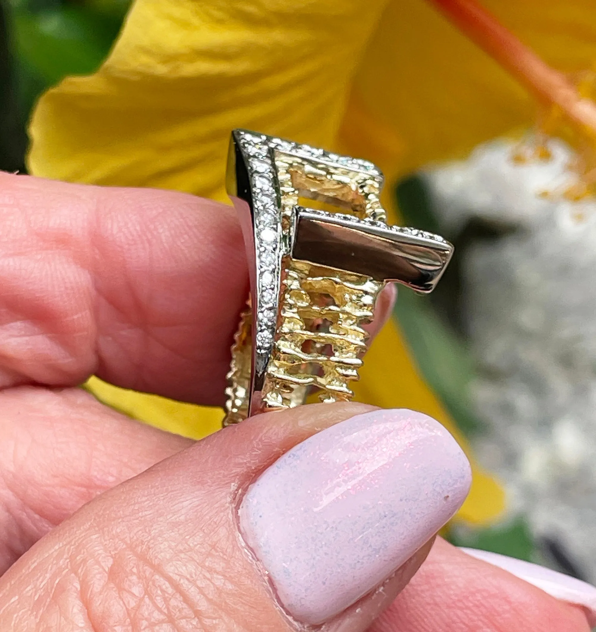Vintage 18K Yellow Gold 0.80ct Diamond Nugget Free Form Ring; Diamond Dinner Ring; Diamond Sculptural Geometric Architectural Ring