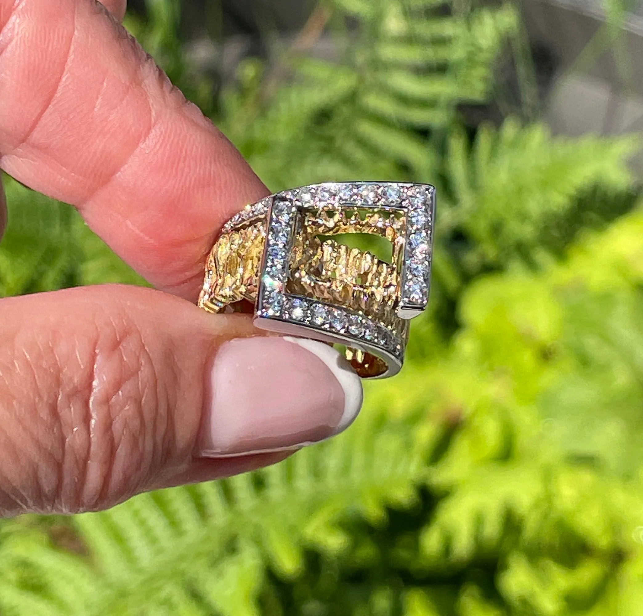 Vintage 18K Yellow Gold 0.80ct Diamond Nugget Free Form Ring; Diamond Dinner Ring; Diamond Sculptural Geometric Architectural Ring