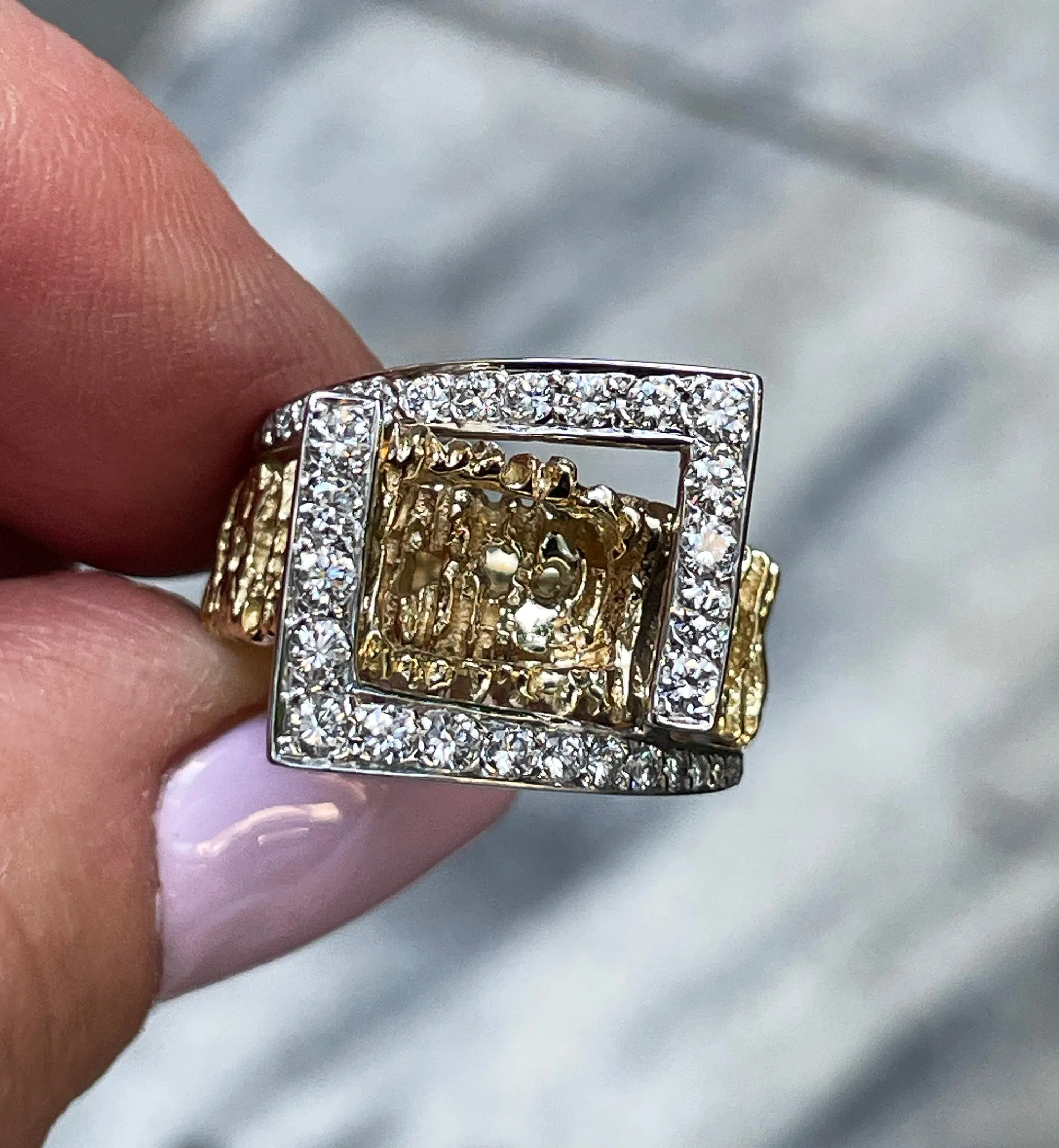 Vintage 18K Yellow Gold 0.80ct Diamond Nugget Free Form Ring; Diamond Dinner Ring; Diamond Sculptural Geometric Architectural Ring