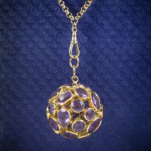 Vintage Amethyst 18Ct Gold Orb Pendant Necklace 9Ct Gold Chain