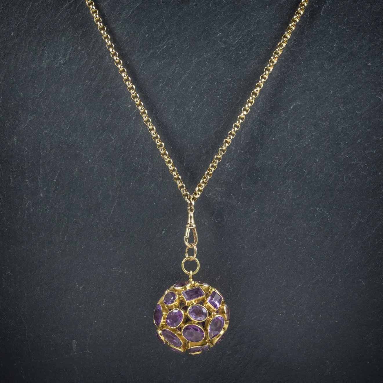 Vintage Amethyst 18Ct Gold Orb Pendant Necklace 9Ct Gold Chain