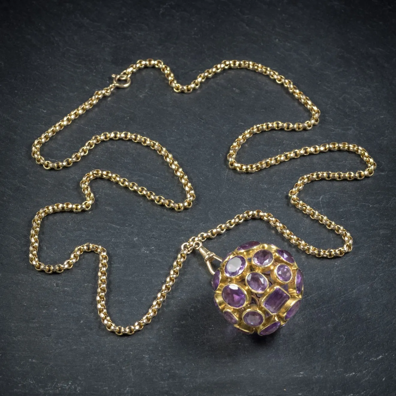Vintage Amethyst 18Ct Gold Orb Pendant Necklace 9Ct Gold Chain