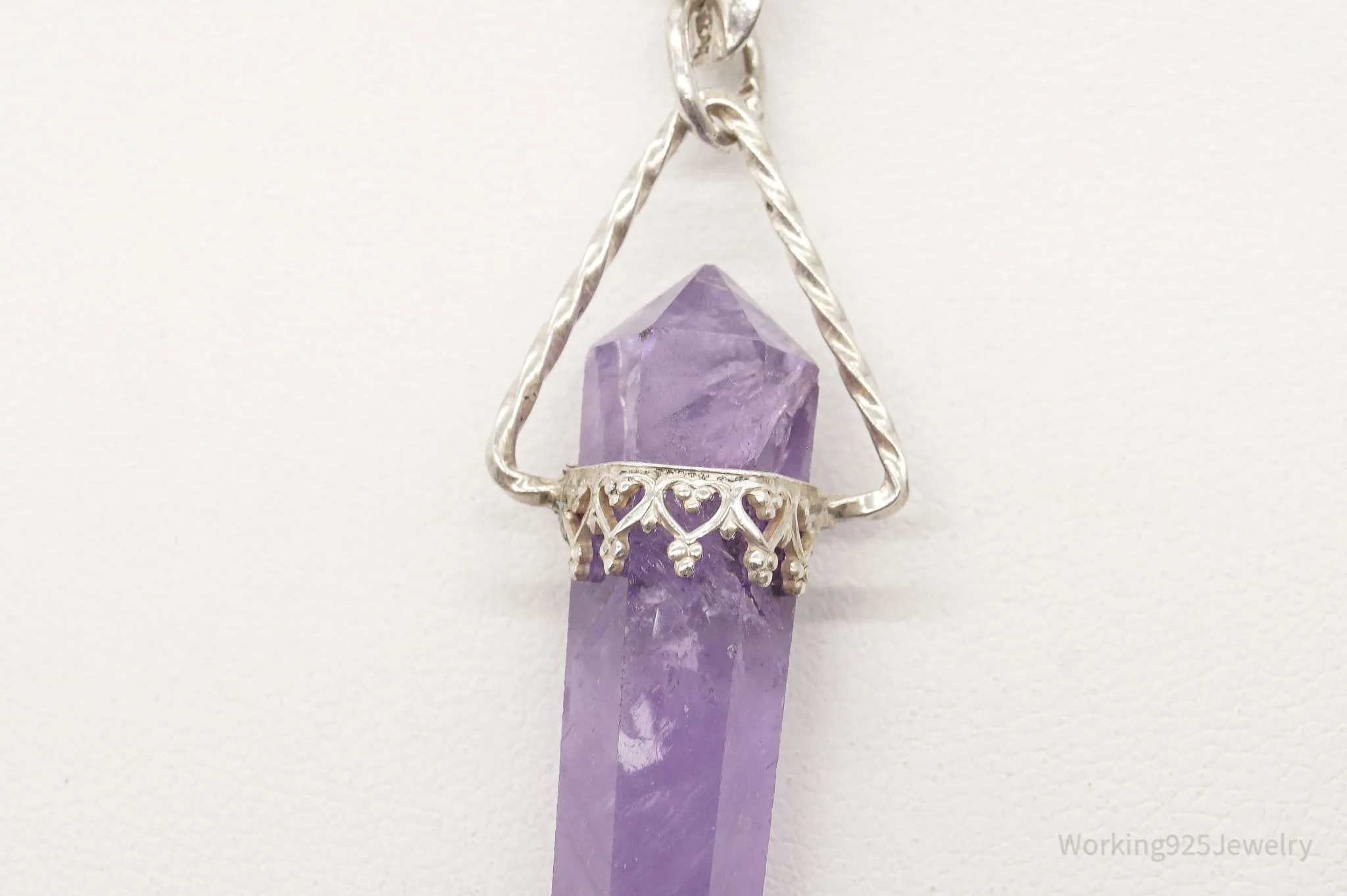 Vintage Amethyst Crystal Cherub Sterling Silver Necklace