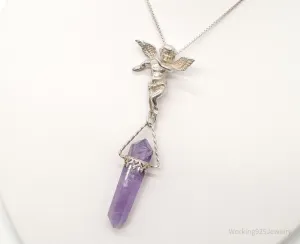 Vintage Amethyst Crystal Cherub Sterling Silver Necklace