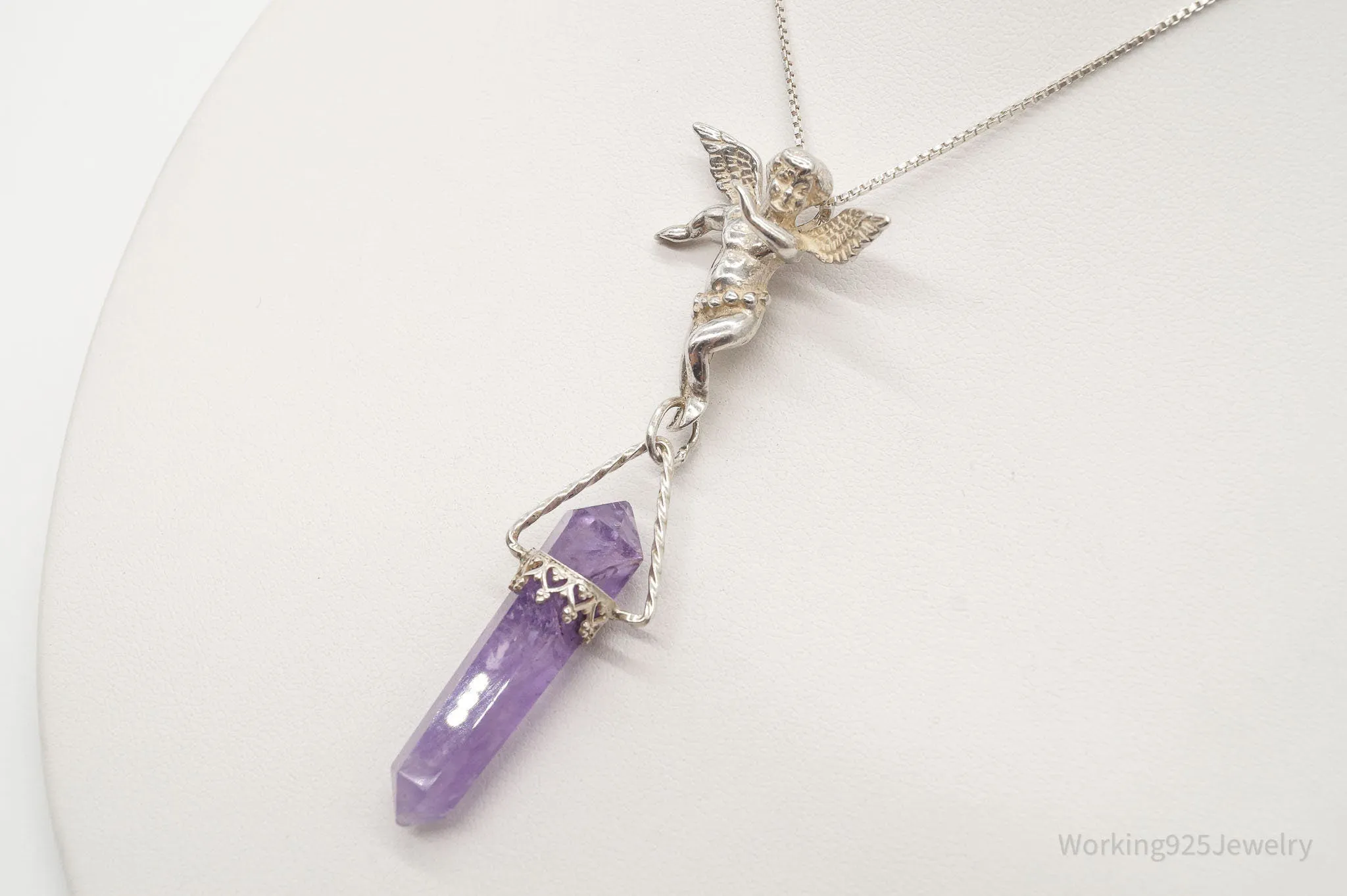 Vintage Amethyst Crystal Cherub Sterling Silver Necklace
