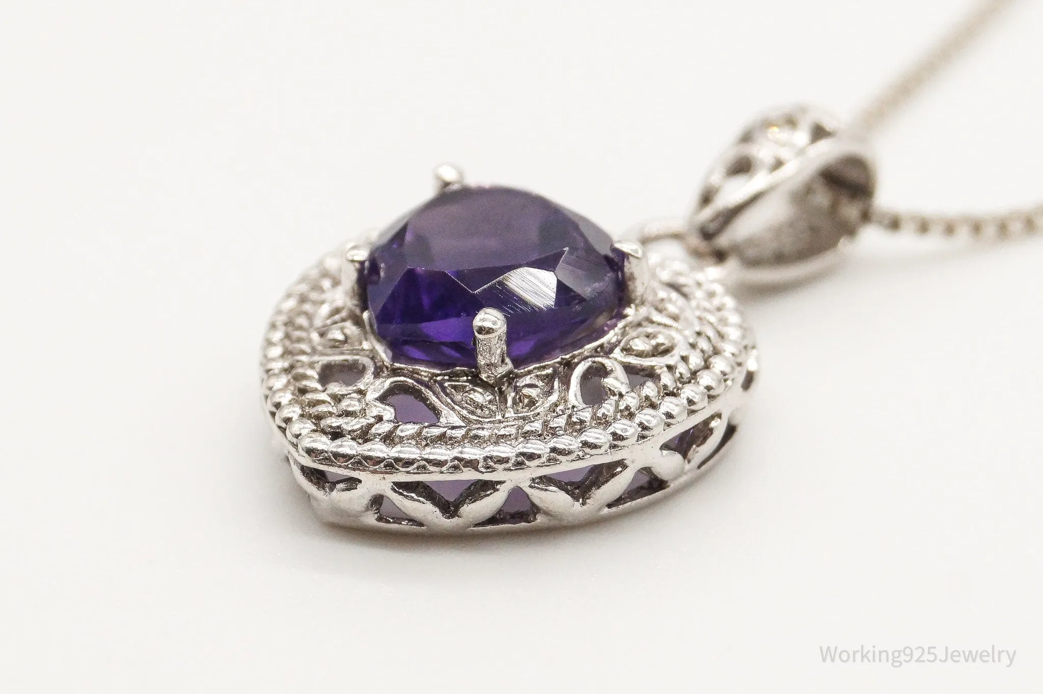 Vintage Amethyst Cubic Zirconia Heart Sterling Silver Necklace