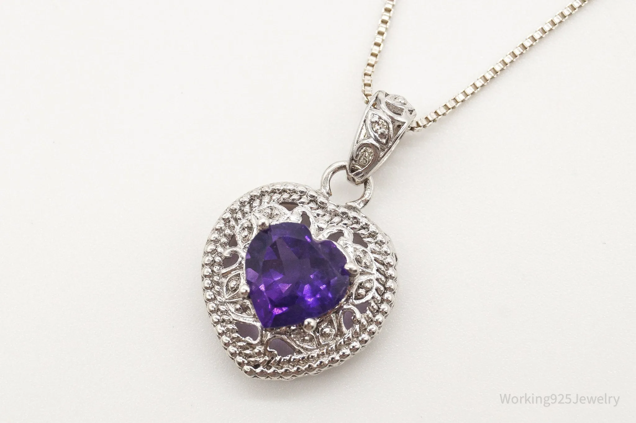 Vintage Amethyst Cubic Zirconia Heart Sterling Silver Necklace