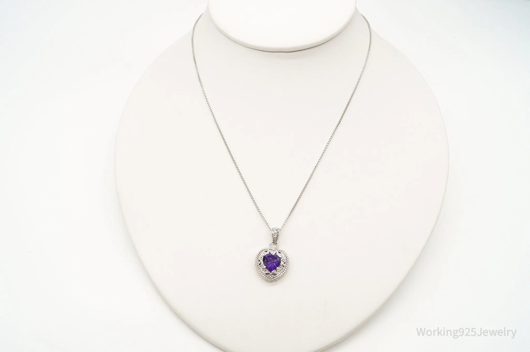 Vintage Amethyst Cubic Zirconia Heart Sterling Silver Necklace