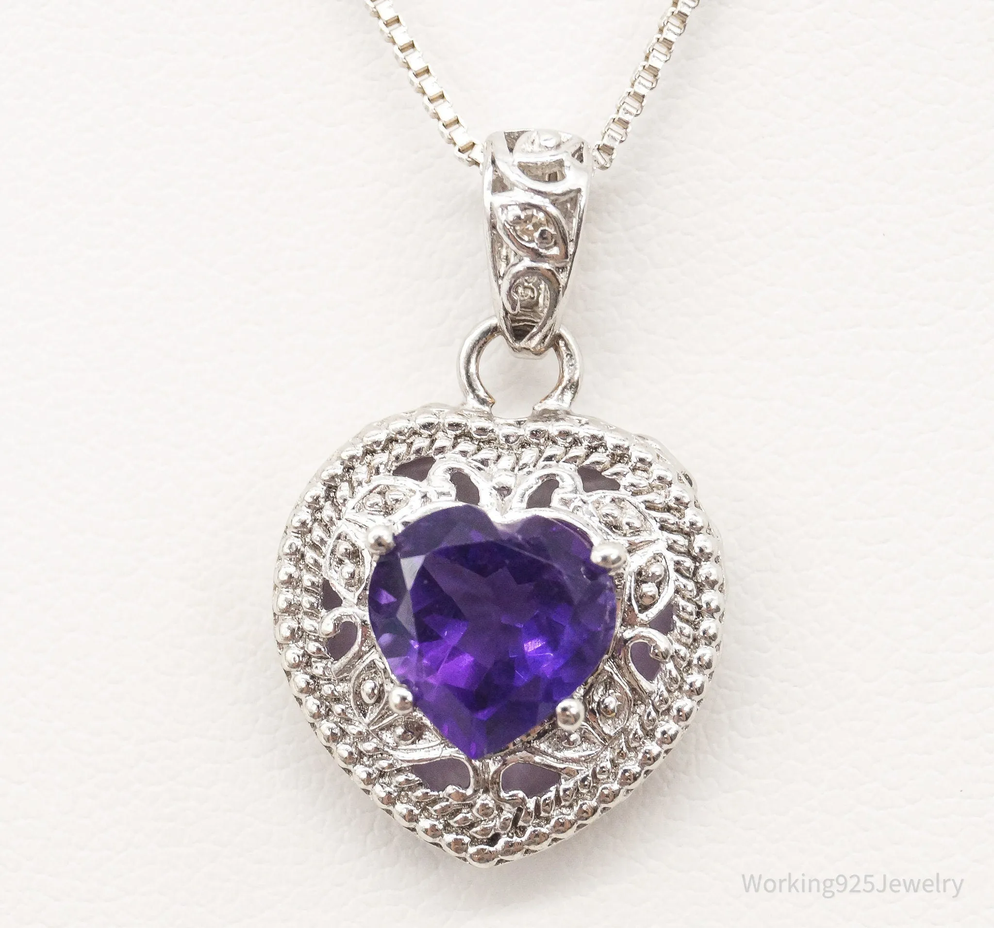 Vintage Amethyst Cubic Zirconia Heart Sterling Silver Necklace