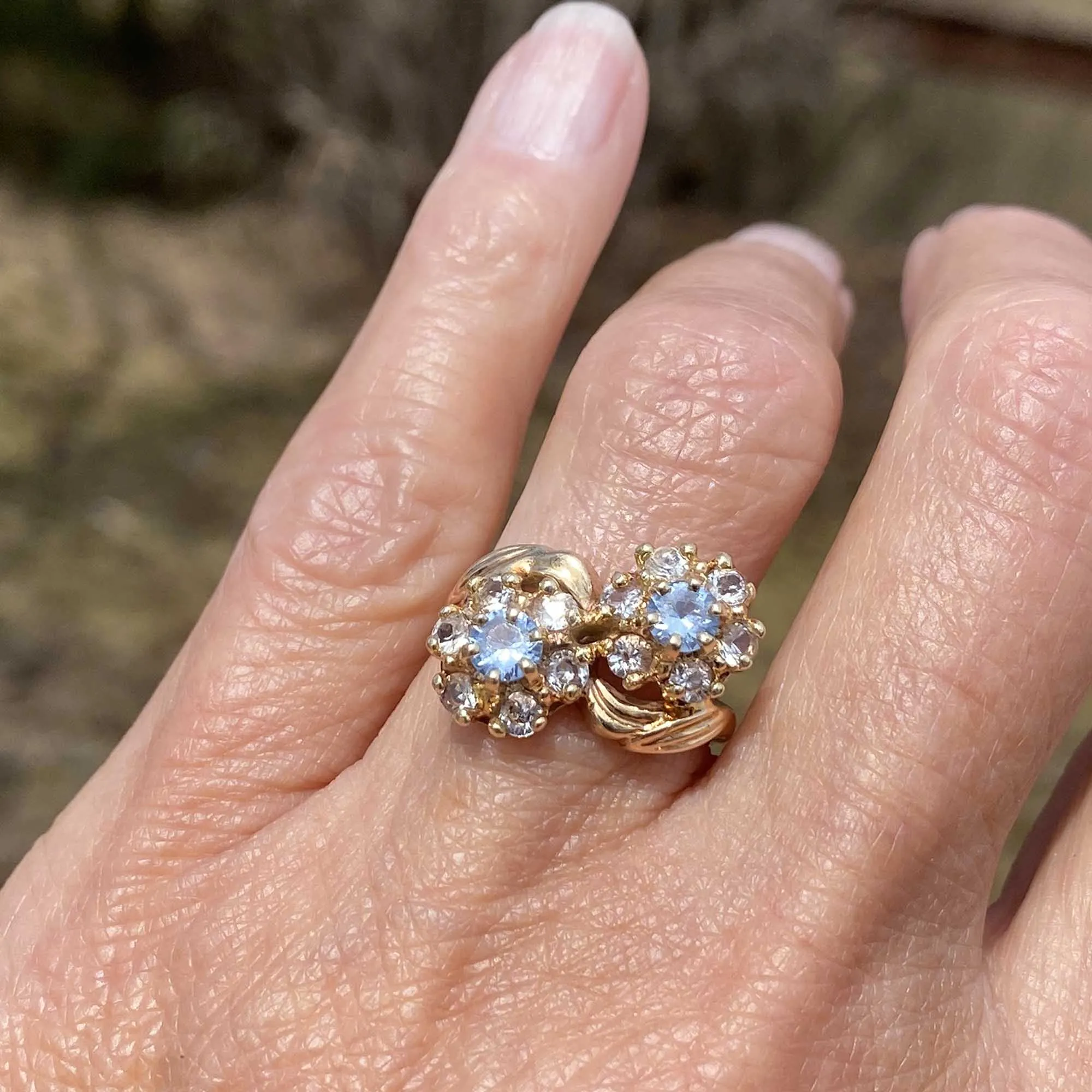 Vintage Double Flower Cluster Quartz Aquamarine Cocktail Ring